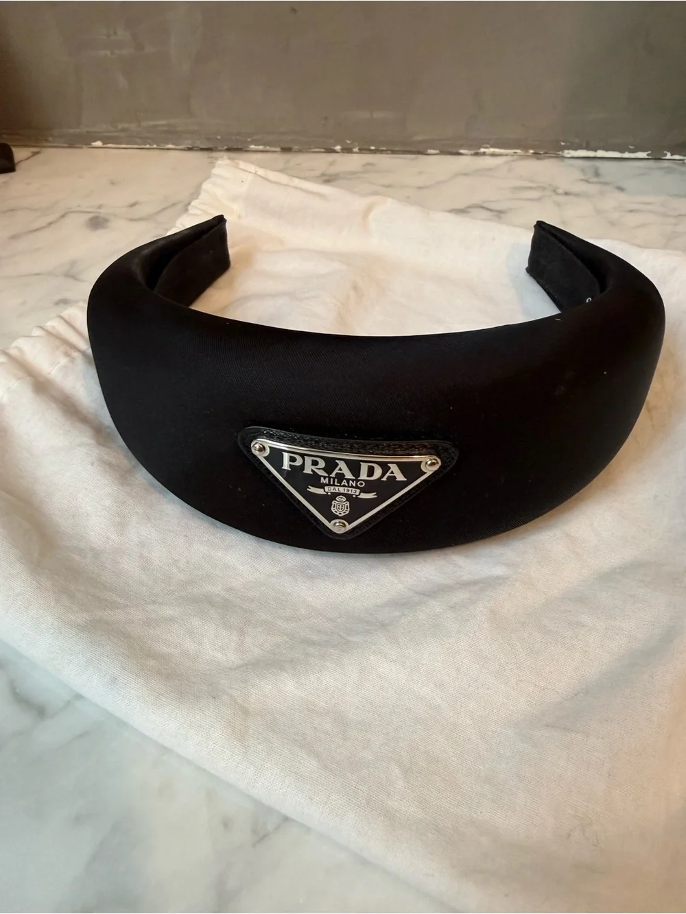 Prada Black Padded Headband with Silver Logo Plaque